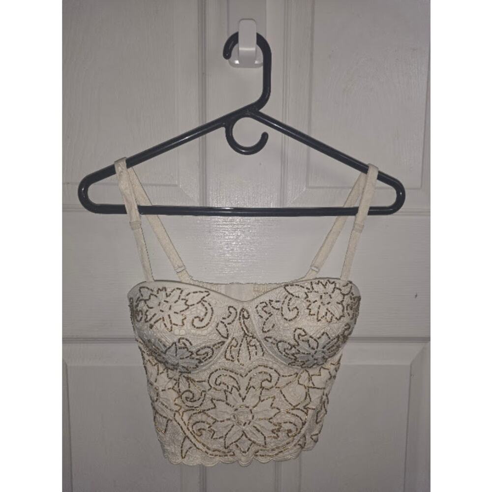 Cache Beaded Bustier Corset Top Ivory Embroidered Y2K Coachella Coquette Fairy